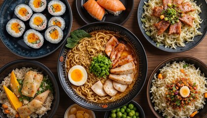 A vibrant Japanese meal set featuring ramen, sushi rolls, grilled meat with rice, fresh vegetables, and colorful side dishes, beautifully served in black bowls