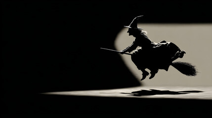 Witch silhouette flying in negative space, split lighting highlights, monochrome palette, matte design