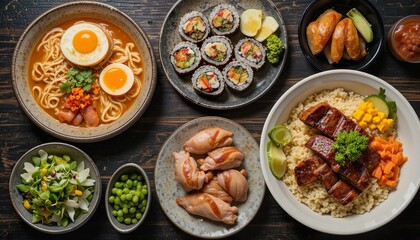 A vibrant Japanese meal set featuring ramen, sushi rolls, grilled meat with rice, fresh vegetables, and colorful side dishes, beautifully served in black bowls