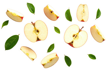 Ripe red apple with leaves on a white background