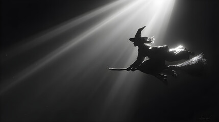 Witch silhouette flying in negative space, split lighting highlights, monochrome palette, matte design