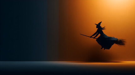 Witch silhouette gliding across gradient night, split lighting accent, monochrome minimal matte