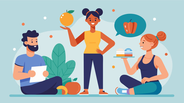 A fitness instructor teaching clients the importance of intuitive eating and listening to their bodys hunger and fullness cues.. Vector illustration - Powered by Adobe