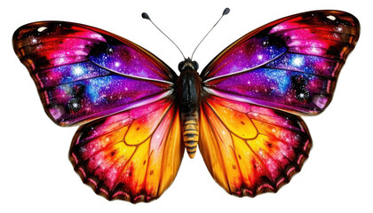 Vibrant galaxy butterfly with cosmic colors and star patterns isolated on white background