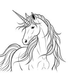 Majestic unicorn head line art in detailed black and white sketch, mythical fantasy illustration with flowing mane, elegant horn, isolated on white background artwork.