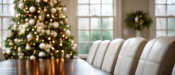 Elegant dining room setup with a beautifully decorated Christmas tree glowing in warm lights during the festive season