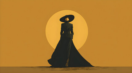 Witch silhouette minimal vector cutout, golden ratio framing, duotone palette, matte poster finish