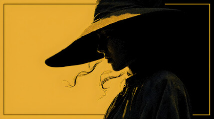 Witch silhouette minimal vector cutout, golden ratio framing, duotone palette, matte poster finish