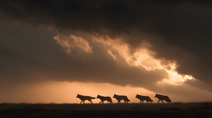 Wolf pack silhouetted under storm clouds and lightning, freeze-frame action with rim light highlight, leading line horizon composition