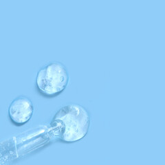 Drops of hydrating gel with bubbles and pipette, skincare serum concept, authentic layout, 1:1.