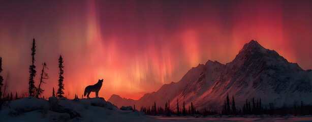 Wolf silhouette on snow ridge beneath red aurora sky, rim lighting with freeze action clarity, panoramic symmetry