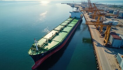 Large cargo ship anchors at busy industrial port. Calm blue water reflects clear sky above. Cranes operate alongside the vessel facilitating freight transport and global commerce.