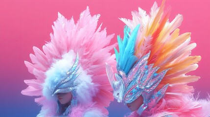 Two performers wear elaborate feathered headpieces with ornate silver detailing against a vibrant pink and blue gradient backdrop.