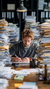 Overwhelmed Businessman Buried in Paperwork at Office Desk