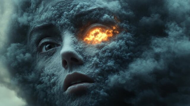 Surreal Portrait of a Celestial Being with a Fiery Gaze.