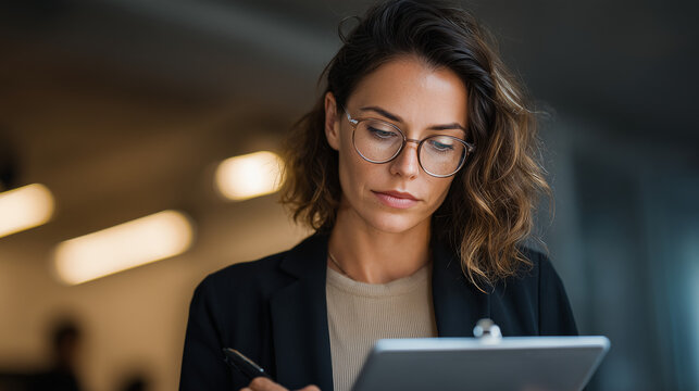 Businesswoman reviewing document on digital tablet.