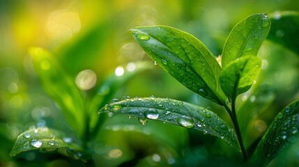 Close-up of fresh green leaves with morning dew drops, sunlight bokeh background, macro photography, natural freshness
