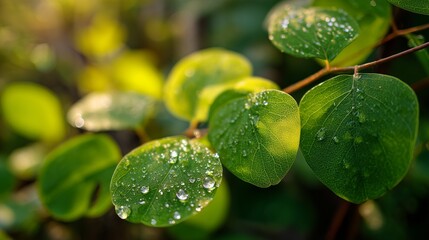 Close-up of fresh green leaves with morning dew drops, sunlight bokeh background, macro photography, natural freshness
