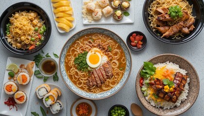 A vibrant Japanese meal set featuring ramen, sushi rolls, grilled meat with rice, fresh vegetables, and colorful side dishes, beautifully served in black bowls