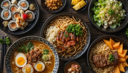A vibrant Japanese meal set featuring ramen, sushi rolls, grilled meat with rice, fresh vegetables, and colorful side dishes, beautifully served in black bowls