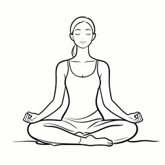 Monochrome Line Drawing of a Woman in Meditation Pose with Closed Eyes