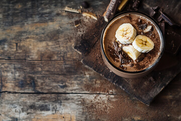 Overhead view shows a chocolate banana smoothie in a glass on wood