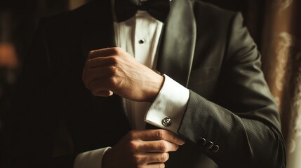 Man Adjusting Cufflink on White Dress Shirt Cuff While Wearing Black Tuxedo with Bow Tie, Representing Elegant Formal Attire for Wedding, Gala, or Sophisticated Event