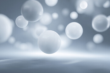 A futuristic scene with several glowing white spheres floating in sharp focus, while the background is softly blurred.
