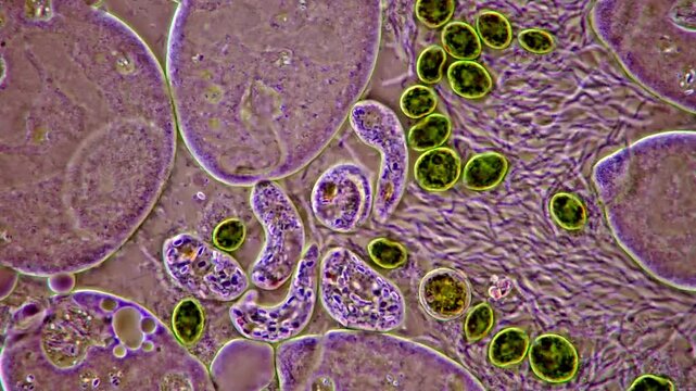 Euglena, paramecium, algae and bacteria under microscope 
