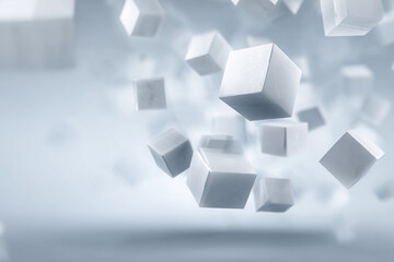 Floating futuristic white cubes in sharp detail, placed against a softly blurred polygonal abstract background.
