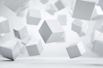 Floating futuristic white cubes in sharp detail, placed against a softly blurred polygonal abstract background.
