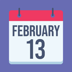 13 February Calendar. Blue Background. Isolated Vector Calendar.