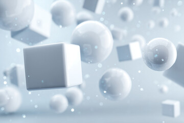 A futuristic minimal composition with spheres, cubes, and cylinders floating against a softly blurred white background.
