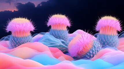 Vibrant fantasy thistle plants stand amidst pastel landforms against a dark sky, displaying surreal beauty and glowing color palettes.