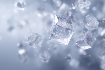 Floating futuristic white cubes in sharp detail, placed against a softly blurred polygonal abstract background.
