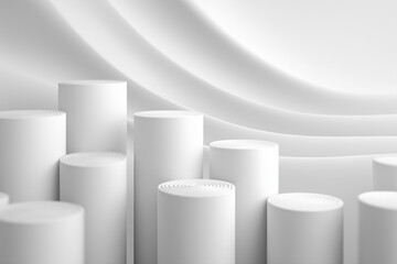 A futuristic flat elevation with circular relief shapes in white, glowing bright overexposed tones, shallow embossed 3D look.
