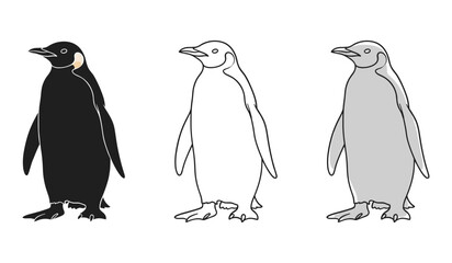 Naklejka premium Three penguins black outline and gray on white background bird animal