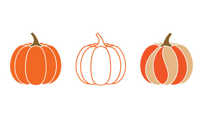 Three pumpkins in different styles on a white background autumn fall