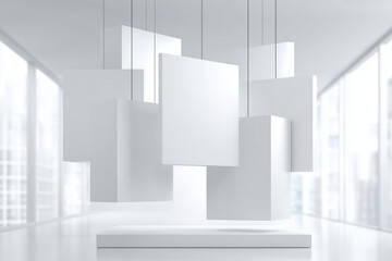 Floating futuristic white cubes in sharp detail, placed against a softly blurred polygonal abstract background.