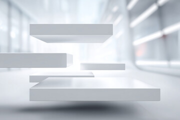 Floating futuristic white cubes in sharp detail, placed against a softly blurred polygonal abstract background.