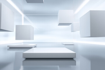 Floating futuristic white cubes in sharp detail, placed against a softly blurred polygonal abstract background.