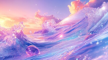 Water waves shimmer in shades of pink and purple under a pastel sky with clouds, creating a serene and ethereal seascape.