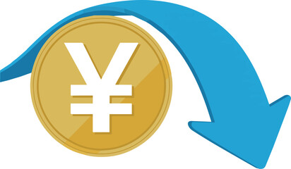 Obraz premium Vector art of yen coin with downward arrow indicating financial loss