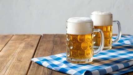 Two Golden Beer Mugs with Frothy Heads on Blue Checkered Cloth and Wooden Table in Bright Studio Lighting