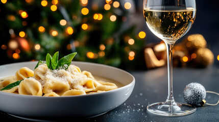 Bowl of cappelletti pasta topped with Parmesan shavings and basil leaves, served alongside a glass of champagne on a beautifully adorned table with twinkling holiday lights in the background