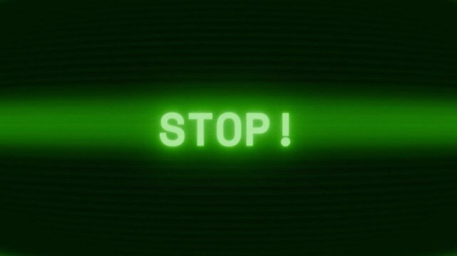 Old green CRT screen showing text STOP! appearing in random glitch and coding style