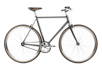 Shiny chrome fixedgear bicycle with brown leather saddle and handlebars, isolated on transparent background
