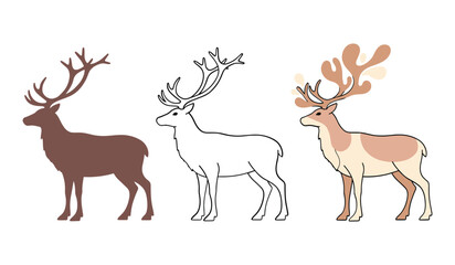 Three reindeer illustrations brown outline and colored variations animal graphic