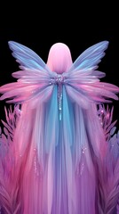 Winged figure stands against a black background showcasing iridescent wings and flowing, layered fabrics.