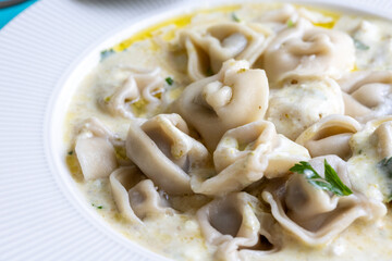Close-Up of Shish Barak on a White Plate Traditional Lebanese Dish

